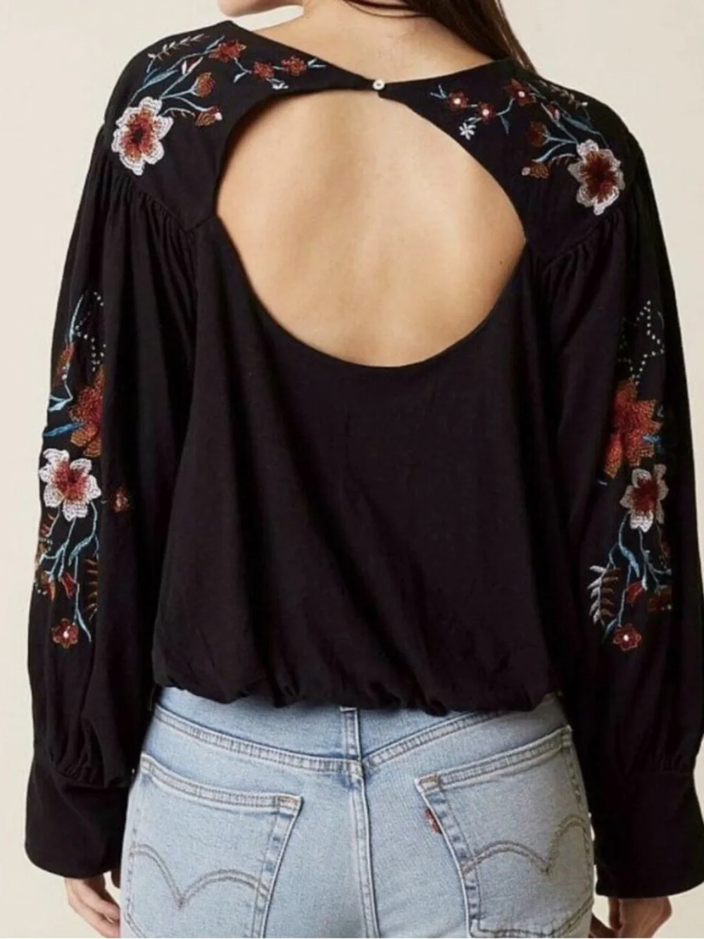 Free People black Lita Cutout Blouse Floral Embroidered Pullover Oversized linen